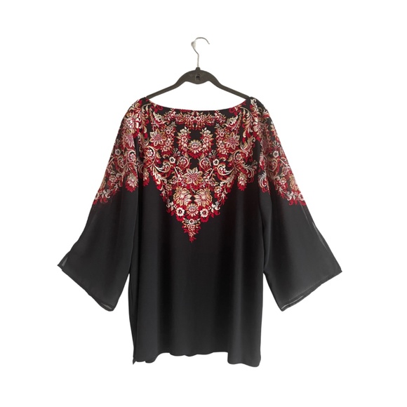 JM Collection Floral-Embellished Flared Sleeve Top-Size 1X-Black - Picture 2 of 6